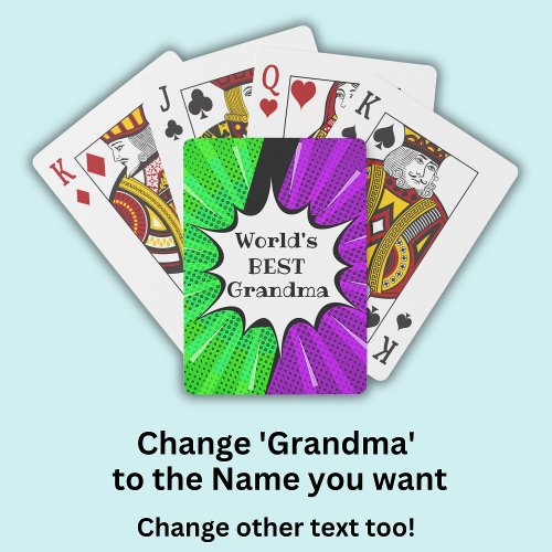 Change Name Worlds Best Grandma Green Purple Comic Playing Cards