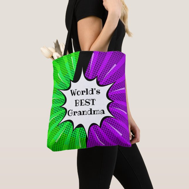 Change Name Worlds Best Grandma Green Purple Comic Tote Bag (Close Up)