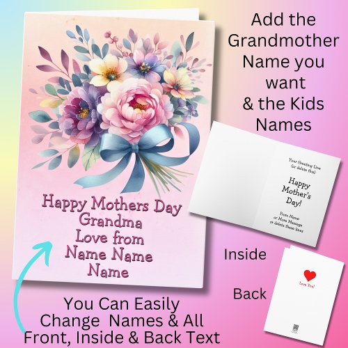 Change Names Happy Mothers Day Grandma Blue Ribbon Card