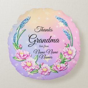 Change Names Mothers Day Grandma Pink Blue Flowers Round Pillow