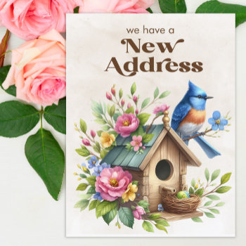 Change Of Address Birdhouse Blue Bird Flowers Announcement Postcard by ALittleSticky at Zazzle