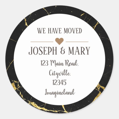 Change of address black gold marble elegant modern classic round sticker