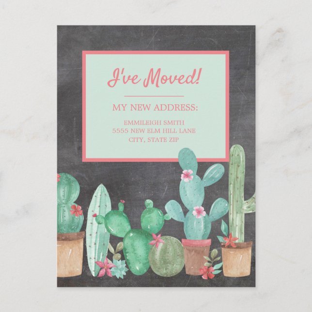 Change of Address Chalkboard Cactus Floral Postcard (Front)