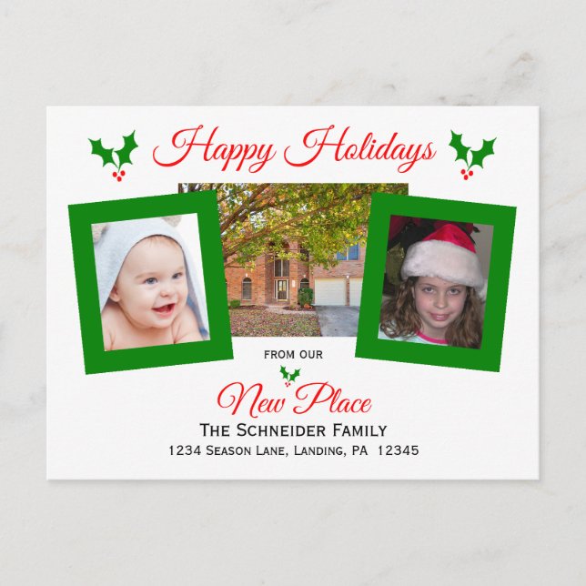 Change of Address Christmas Card Holly and Photos (Front)