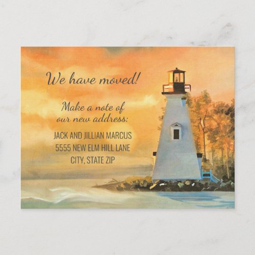 Change of Address Lighthouse Painting Coast Sunset Postcard