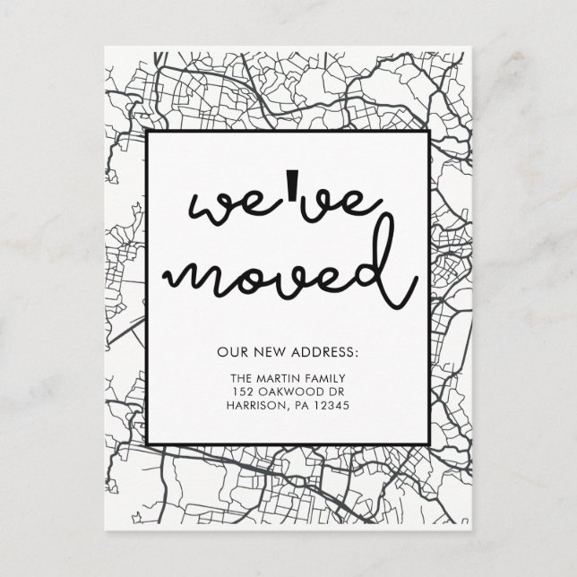 Change of Address Map Design Black and White Announcement Postcard (Front)
