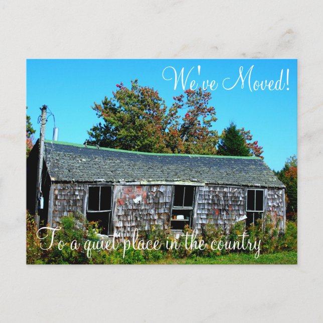 Change of address, old wood cabin announcement postcard (Front)