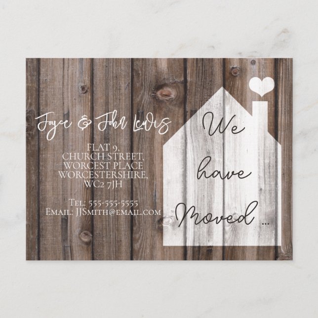 Change of address postcard we have moved wood (Front)