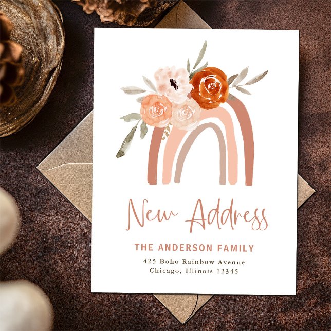 Change of Address | Terracotta Boho Rainbow Floral Postcard (A boho rainbow and flowers decorate this change of addres postcard)