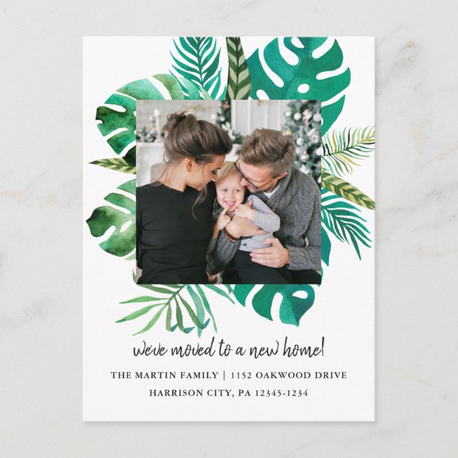 Change of Address Tropical Leaves Photo Announcement Postcard (Front)