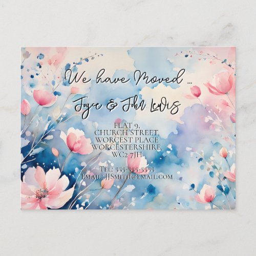 Change of Address Watercolor Floral Pinks blues Announcement Postcard