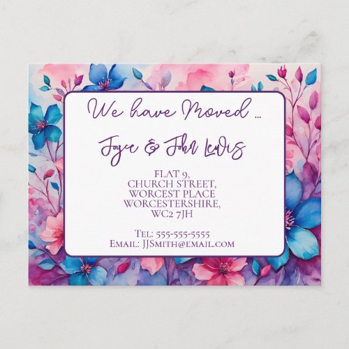 Change of Address Watercolor Floral Pinks blues Announcement Postcard