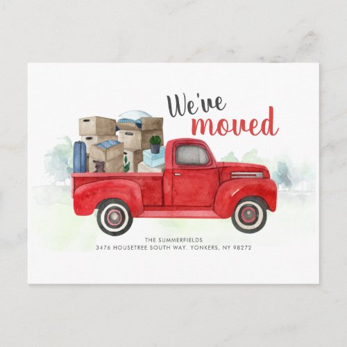 Change of Address Watercolor Red Truck Moving Announcement Postcard