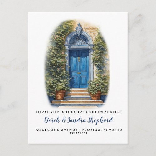 Change of address we have moved blue door announcement postcard