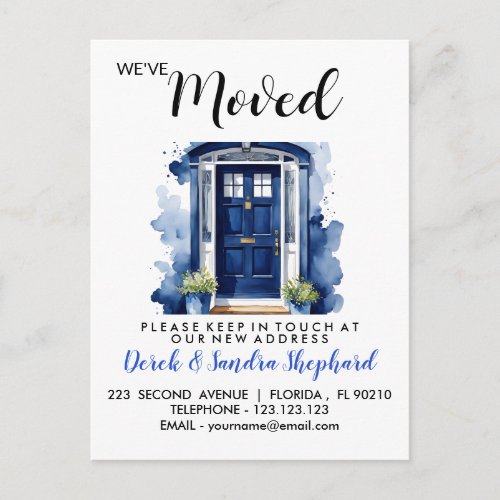 Change of address we have moved blue front door announcement postcard
