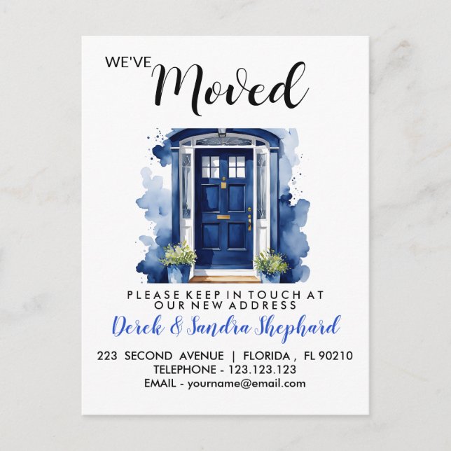 Change of address we have moved blue front door announcement postcard (Front)
