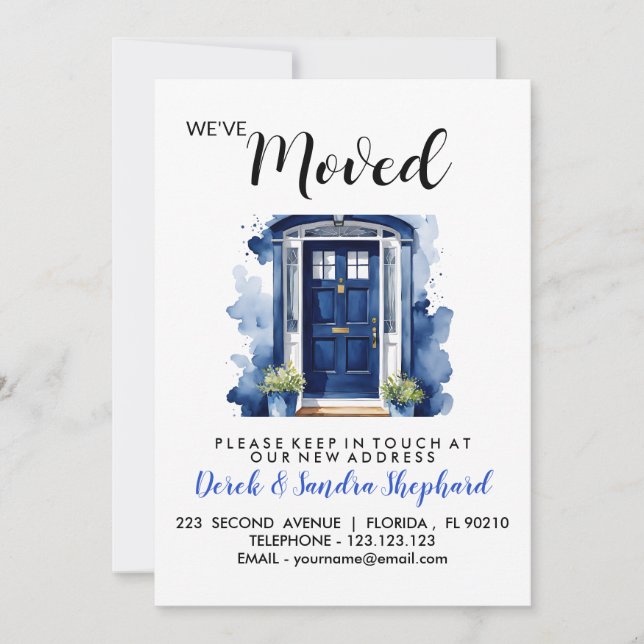 Change of address we have moved blue front door invitation (Front)