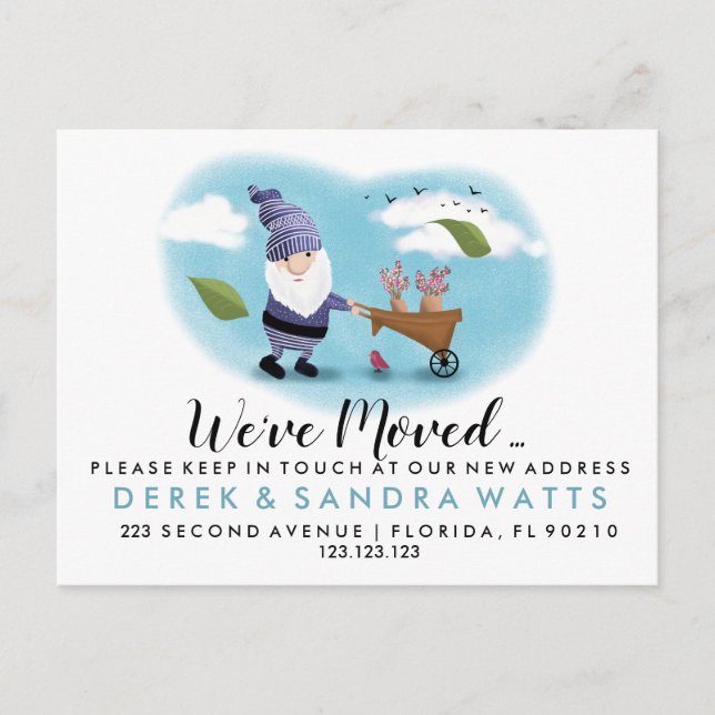 Change of address we've moved house garden gnome announcement postcard (Front)
