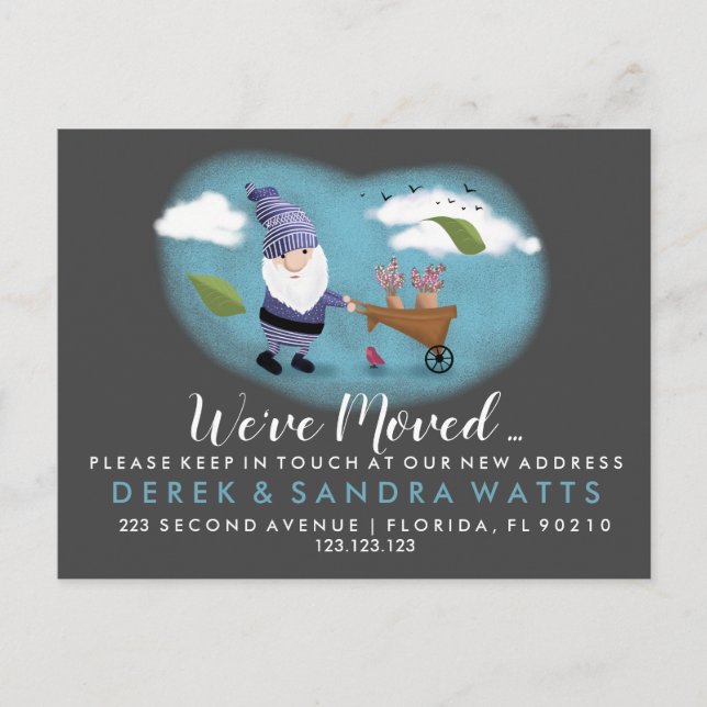 Change of address we've moved house garden gnome announcement postcard (Front)