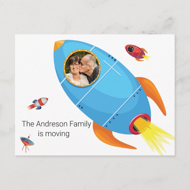 Change of Address We've Moved Spaceship Blast Off Announcement Postcard (Front)
