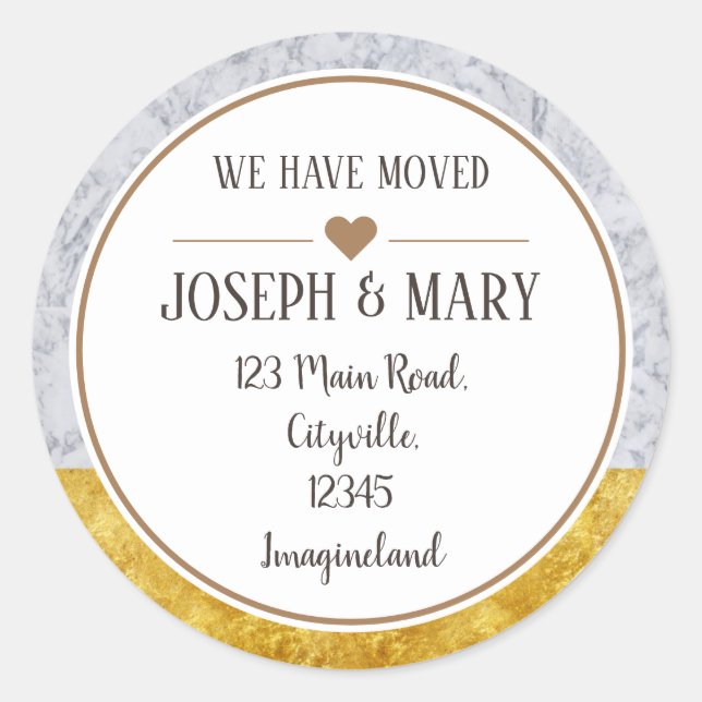 Change of address white gold marble elegant modern classic round sticker (Front)