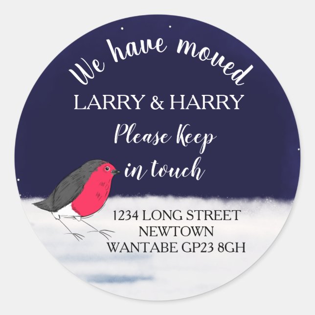 Change of Address winter christmas robin Classic Round Sticker (Front)