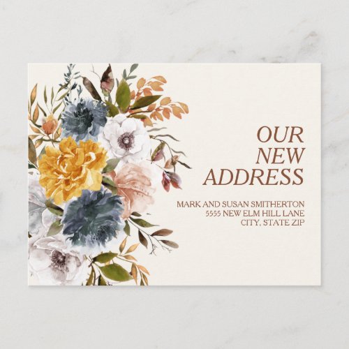 Change of Address Yellow Blue Rust Autumn Floral Postcard