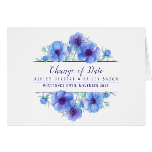Change of date anemone blue wedding postponed card
