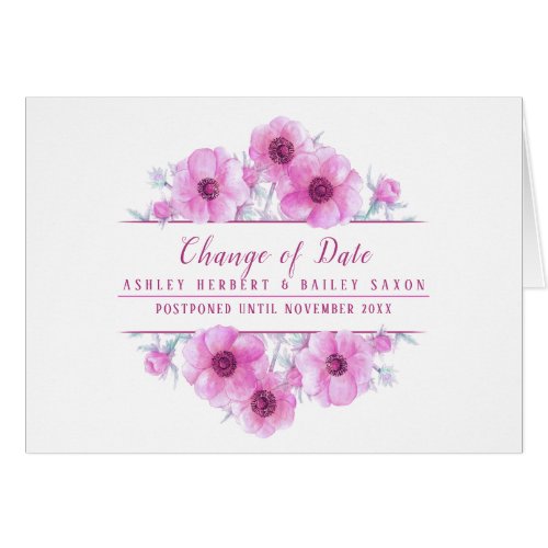 Change of date anemone pink wedding postponed card