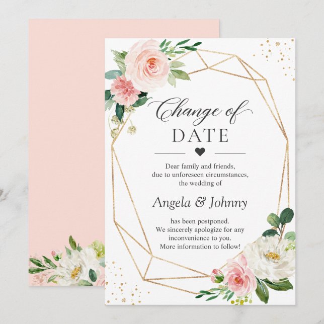 Change of Date Blush Pink Floral Gold Geometric Invitation (Front/Back)