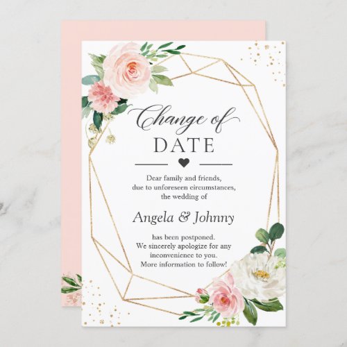 Change of Date Blush Pink Floral Gold Geometric Invitation - Event Postponed Announcement Template - Change of Date Geometric Eucalyptus Leaves Card.
(1) For further customization, please click the "customize further" link and use our design tool to modify this template.
(2) If you need help or matching items, please contact me.