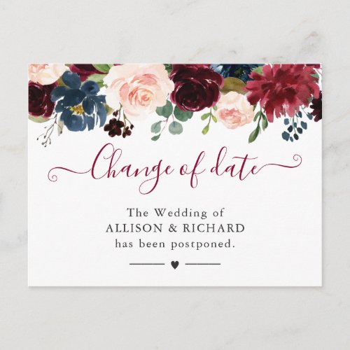 Change of Date Burgundy Blush Navy Floral New Plan Postcard - Event Postponed Announcement Template - Burgundy Blush Navy Floral Change of Date Postcard. 
(1) For further customization, please click the "customize further" link and use our design tool to modify this template.
(2) If you need help or matching items, please contact me.