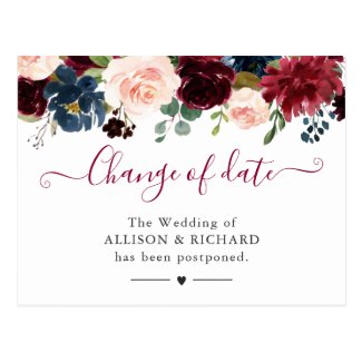 Change of Date Burgundy Blush Navy Floral New Plan Postcard