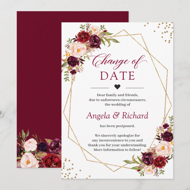 Change of Date Burgundy Red Floral Gold Geometric Invitation (Front/Back)