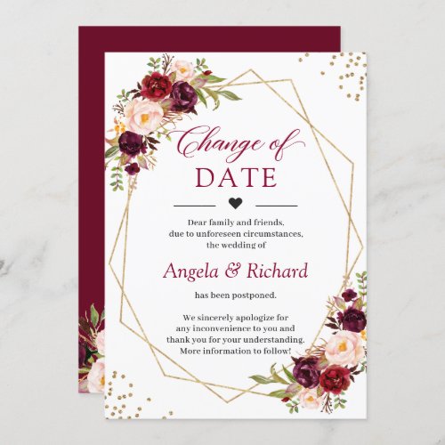 Change of Date Burgundy Red Floral Gold Geometric Invitation - Event Postponed Announcement Template - Burgundy Red Floral Gold Geometric Change of Date Card.
(1) For further customization, please click the "customize further" link and use our design tool to modify this template.
(2) If you need help or matching items, please contact me.