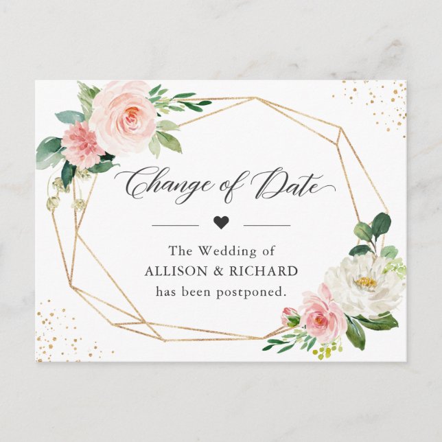 Change of Date Elegant Geometric Blush Pink Floral Postcard (Front)
