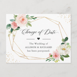 Change of Date Elegant Geometric Blush Pink Floral Postcard