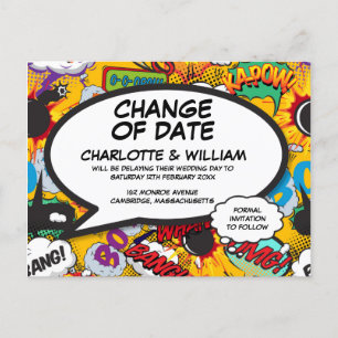 Change of Date Fun Postponed Modern Comic Book Announcement Postcard