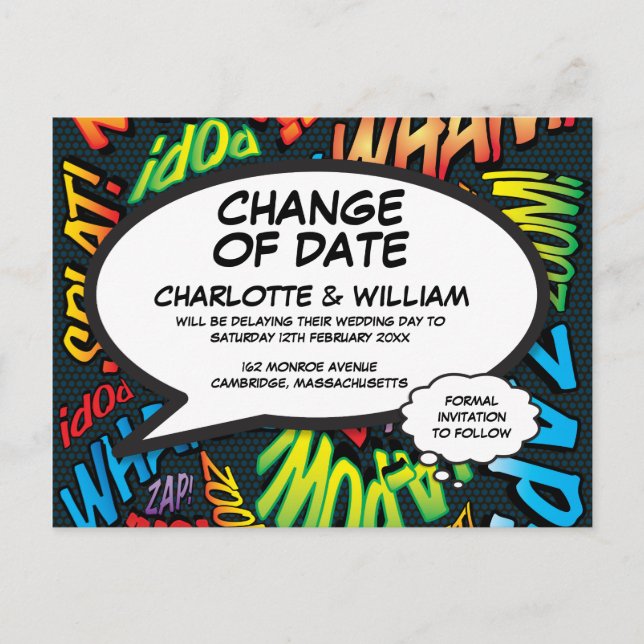 Change of Date Fun Postponed Modern Fun Announcement Postcard (Front)