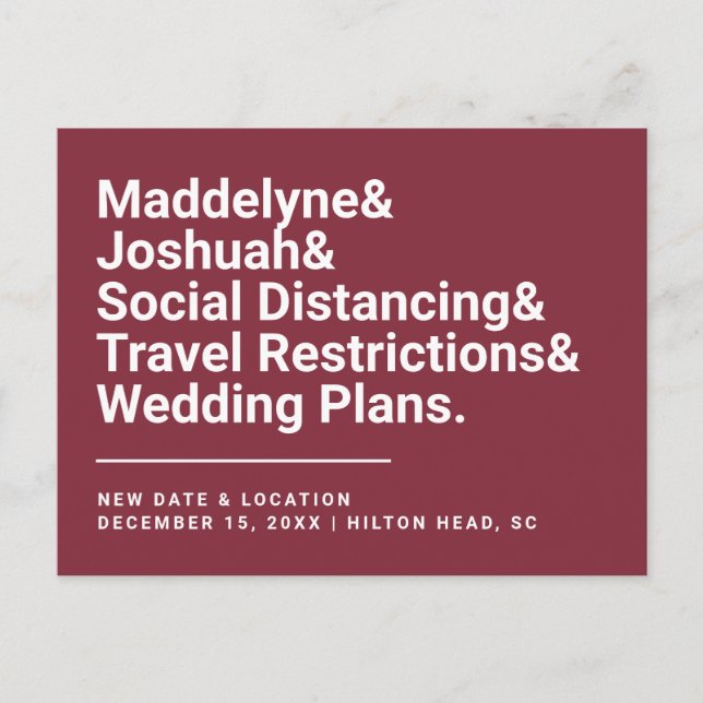 Change of Date Funny Ampersand Burgundy Wedding Postcard (Front)