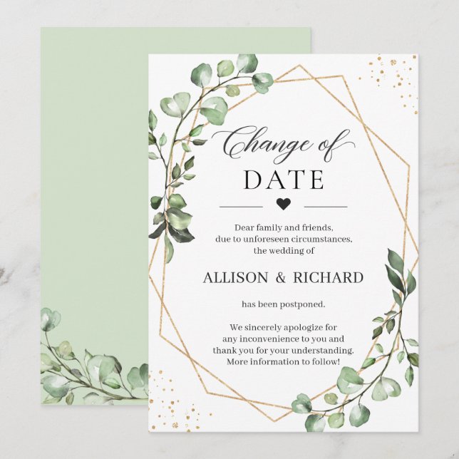 Change of Date Greenery Eucalyptus Geometric Card (Front/Back)