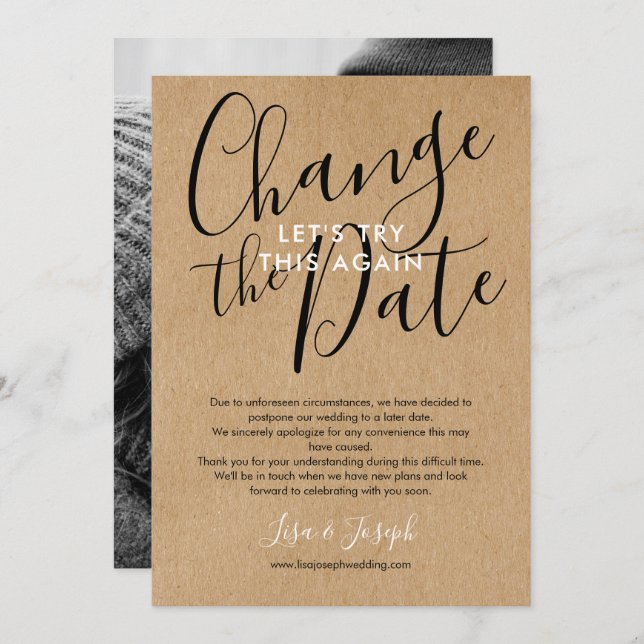 Change of Date Postponed Cancelled Rustic Photo Invitation (Front/Back)