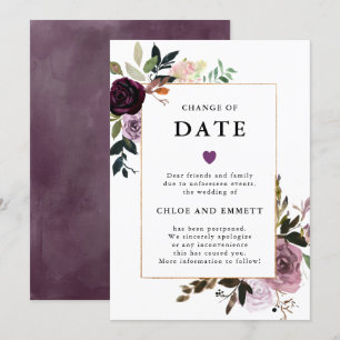 Change of Date Purple Mauve Pink Floral Wedding Invitation