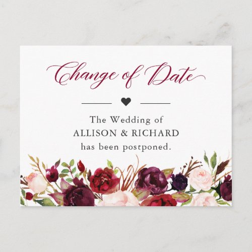 Change of Date Rustic Burgundy Red Blush Floral Postcard
