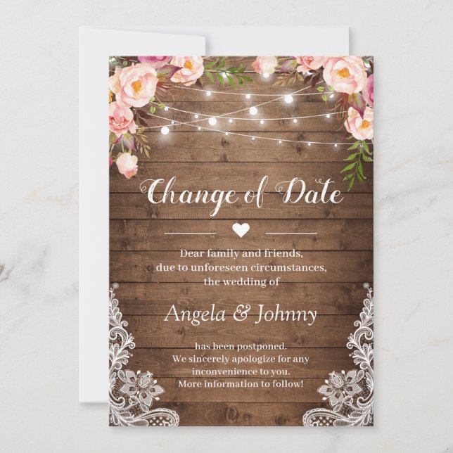 Change of Date Rustic Floral Lace String Lights Invitation (Front)