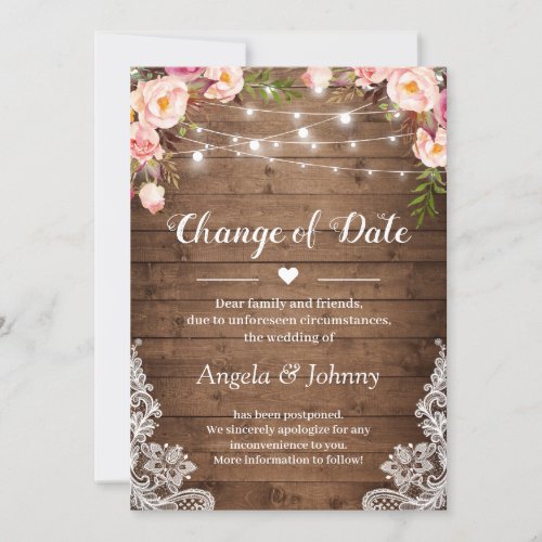 Change of Date Rustic Floral Lace String Lights Invitation - Rustic Baby's Breath Mason Jar Lights - Change of Plans Template. 
(1) For further customization, please click the "customize further" link and use our design tool to modify this template. 
(2) If you prefer Thicker papers / Matte Finish, you may consider to choose the Matte Paper Type. 
(3) If you need help or matching items, please contact me.