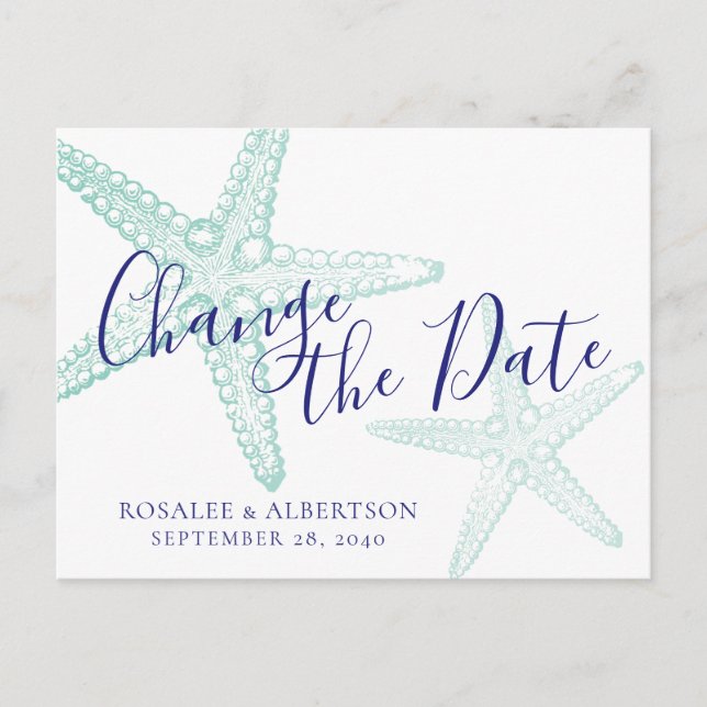 Change of Date Starfish Teal Beach Wedding Announcement Postcard (Front)
