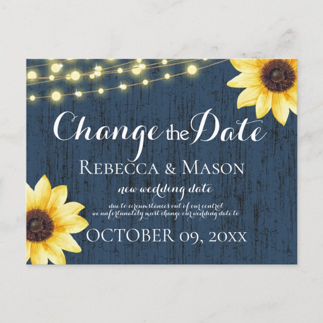 Change of Date Sunflowers and Blue Barn Wood Postcard (Front)