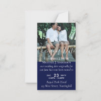 Change of Date Wedding Postponement Photo Navy Advice Card