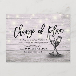 Change Of Plan Wedding Postponed Champagne Glasses Announcement Postcard